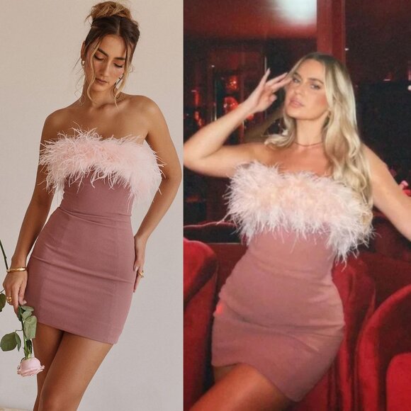 House of CB Alexa Mini Dress Warm Pink Feather Strapless Size S - Picture 2 of 14